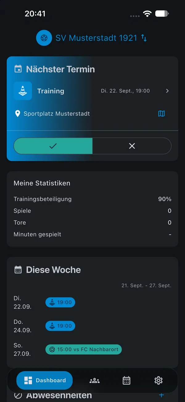 SquadTics: Termine und Zusagen (Beispielteam)