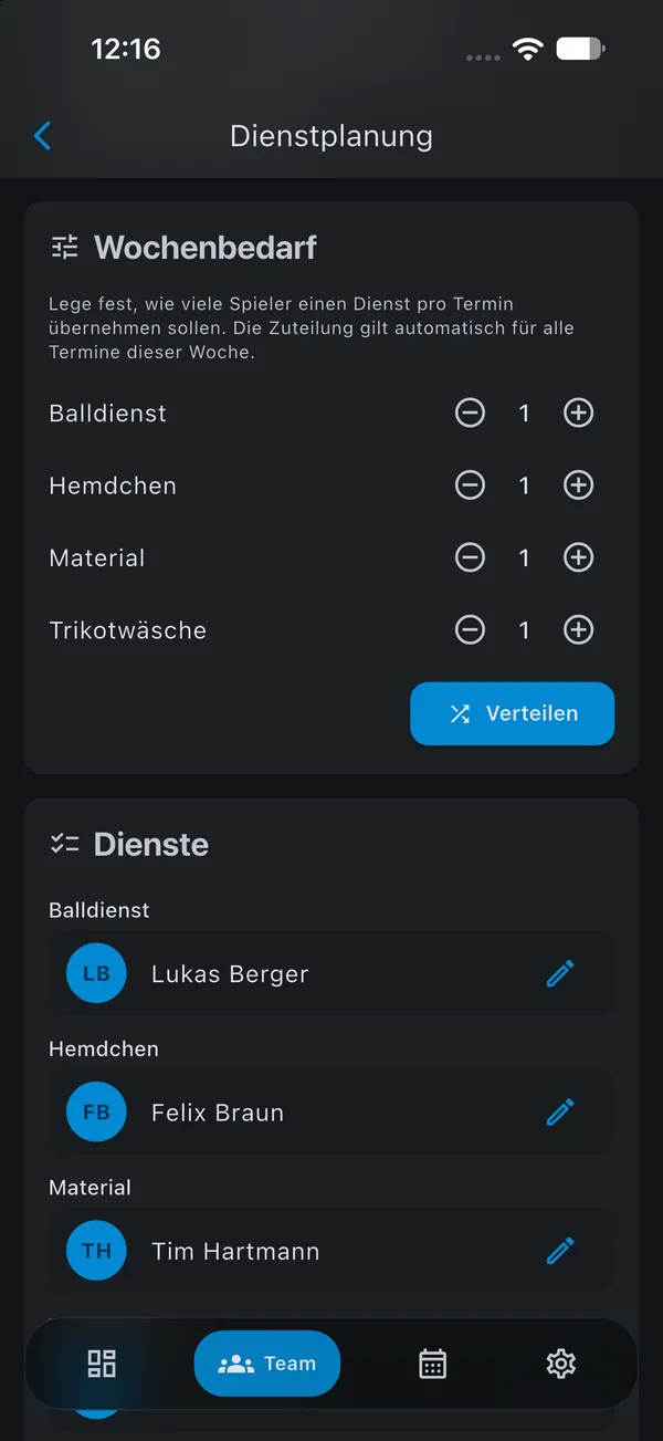 SquadTics App-Screenshot: Dienstplanung