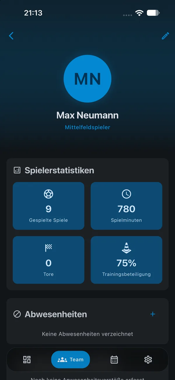 SquadTics App-Screenshot: Spielerprofil & Statistiken